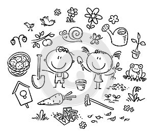 Cartoon doodle kids in the garden, outline clipart set