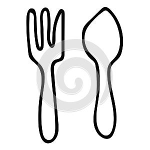 Cartoon doodle linear fork and spoon isolated on white background.