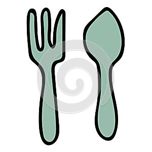 Cartoon doodle linear fork and spoon isolated on white background