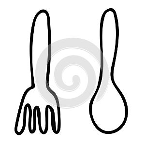 Cartoon doodle linear fork and spoon isolated on white background.