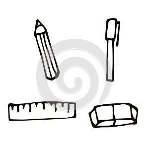 Cartoon doodle linear stationery isolated on white background