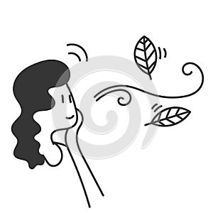 cartoon doodle person looking at leaf blowing by the wind