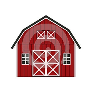 Cartoon doodle red wooden barn house, gray roof, windows and doors with crossed white boards. Vector Outline isolated hand drawn