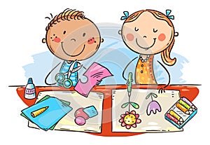 Cartoon doodle school kids enjoy crafting together, creative activities clipart photo