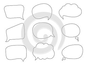 Cartoon doodle speech or thought bubbles of different shapes and sizes.