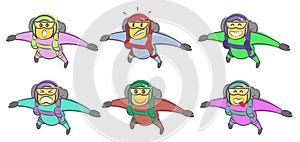 Cartoon doodle vector funny skydiver with various facial expressions. Parachutist with different emotions. Fantastic emotions.