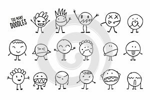 Cartoon doodles set with emoji. Line vector little people with hands and legs. Kids hand drawn characters.