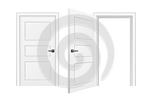 Cartoon door. Opened and closed wooden doors. Vector illustration.