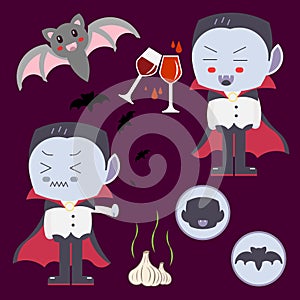 Cartoon Dracula and Bats_Vampire_Halloween Theme_Glass of Blood_Stinky Garlic_Funny Icon Logo Avatar