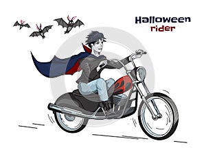 Cartoon dracula on motorcycle. Halloween biker vampire. Cute monster rider. October party clipart. Gothic monster
