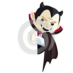 Cartoon Dracula Vampire Character for Halloween Asset Pointing Behind Paper