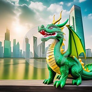 Cartoon dragon against the backdrop of a big city.