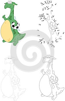 Cartoon dragon footballer isolated on white. Dot to dot game for