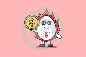 Cartoon Dragon fruit businessman holding gold coin