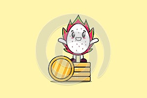 Cartoon Dragon fruit standing in stacked gold coin