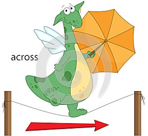 Cartoon dragon goes across the the rope. English grammar in pict