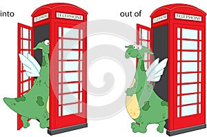 Cartoon dragon goes into and out of telephone box. English grammar in pictures