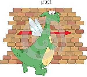 Cartoon dragon goes past the brick wall. English grammar in pict