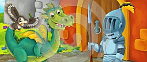 Cartoon dragon knight near castle illustration