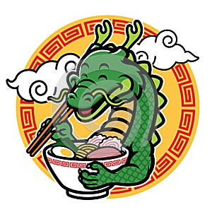 Cartoon dragon mascot eat ramen