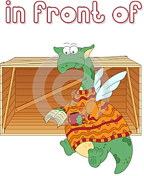 Cartoon dragon reads a book in front of the box. English grammar photo