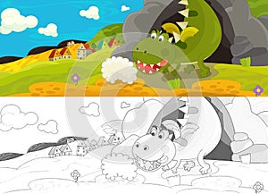 Cartoon dragon with sketch drinking the water near the cave illustration