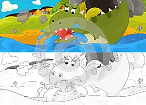 Cartoon dragon with sketch drinking the water near the cave illustration