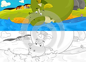 Cartoon dragon with sketch drinking the water near the cave illustration