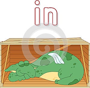 Cartoon dragon sleeps in a box. English grammar in pictures