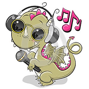 Cartoon Dragon with sun glasses, headphones and microphone