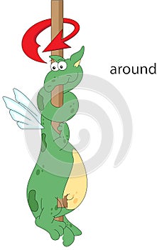 Cartoon dragon twists around the pole. English grammar in pictures