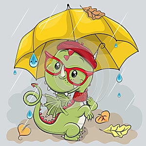 Cartoon Dragon with umbrella under the rain