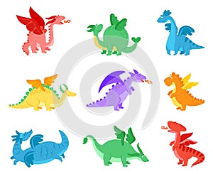Cartoon dragons. Fairy tale dragon, funny reptile with wings. Cute flying monster. Colorful baby magic creature, fantasy