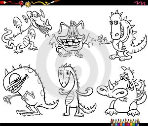 cartoon dragons fantasy animal characters set coloring page