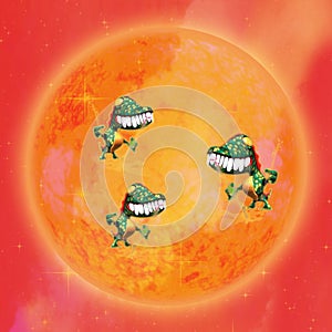 Cartoon dragons with sun and stars in the background