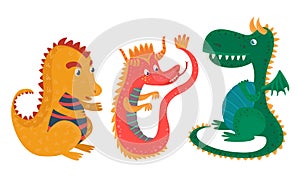 Cartoon Dragons with Wings, Pikes and Tails Vector Set