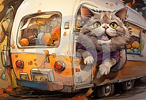 Cartoon Drawing Of An Airstream Rv With A Cat Riding In The Back