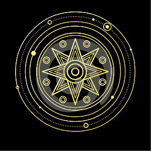 Cartoon drawing: ancient Sumerian symbol divine star. Orbits of planets.