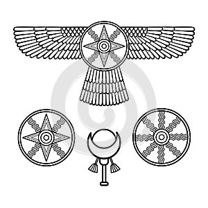 Cartoon drawing: ancient Sumerian symbols. Winged star.