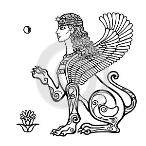 Cartoon drawing: a beautiful woman in a horned crown, a character in Assyrian mythology.Animation drawing: sphinx woman with lion