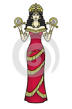 Cartoon drawing: beautiful woman in a horned crown, character in Assyrian mythology.Cartoon color drawing: beautiful woman in a ho