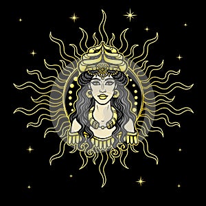 Cartoon drawing: beautiful woman in a horned crown In the glow of the sun