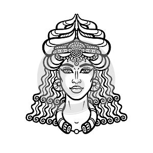 Cartoon drawing: a beautiful woman in a horned crownCartoon linear drawing: beautiful woman, ancient mystical mermaid.