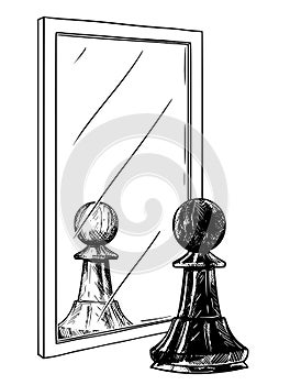 Cartoon Drawing of Black Chess Pawn Reflecting in Mirror as White, Good and Evil Metaphor