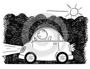 Cartoon Drawing of Car Driving Through Smog and Exhaust Fumes