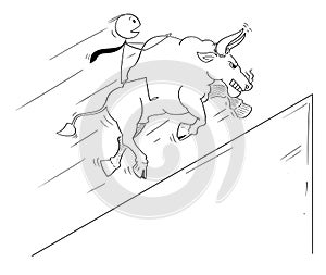 Cartoon Drawing of Businessman Riding on Bull as Rising Market Prices Symbol