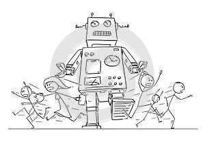 Cartoon Drawing of Crowd of People Running in Panic Away From Giant Retro Robot