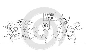 Cartoon Drawing of Crowd of People Running in Panic Away From Man With I need help Sign