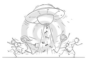 Cartoon Drawing of Crowd of People Running in Panic Away From UFO or Alien Ship Abducting Human Beings