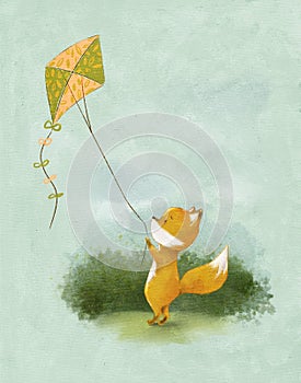 Cartoon drawing of a cute little fox playing with a kite, a bushman summertime fun